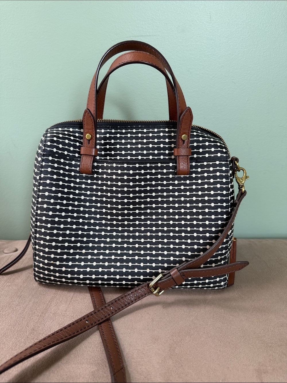Fossil Black & White Dot-Pattern Satchel with Brown Leather Trim